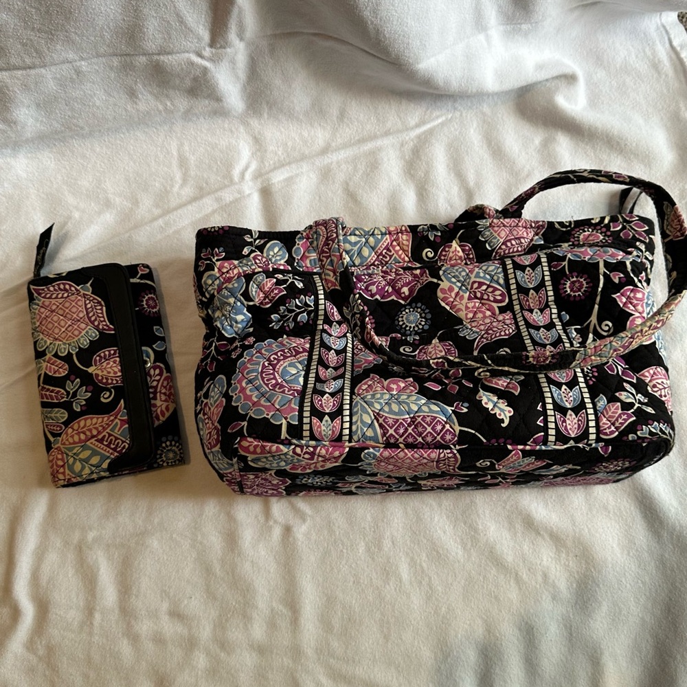 Vera Bradley Black and Pink Floral Shoulder Bag Set